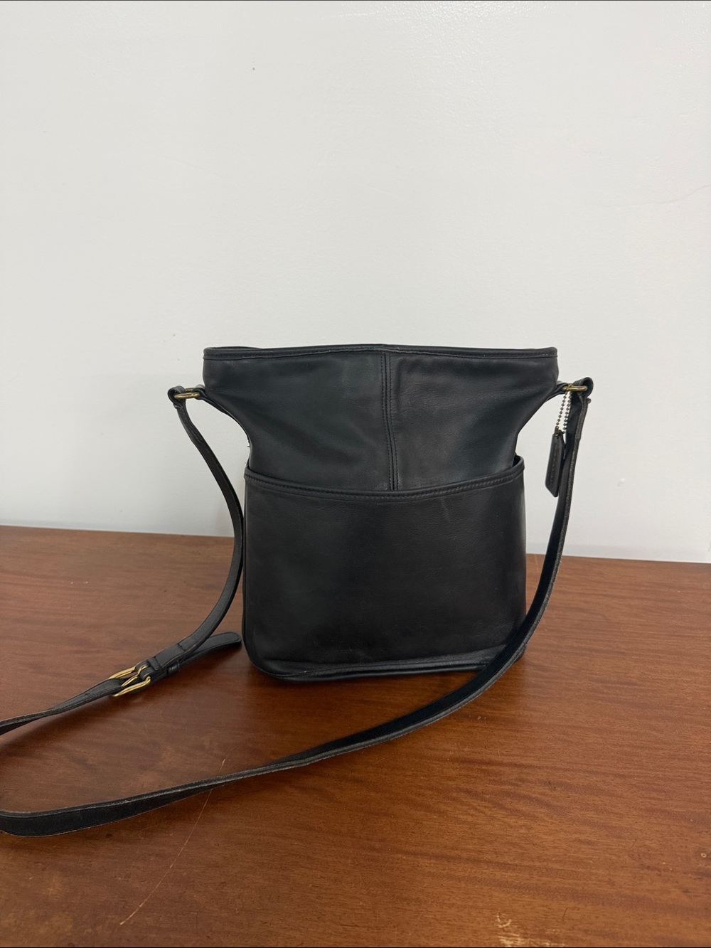 Vintage Coach Black Leather Crossbody Bag with Brass Hardware
